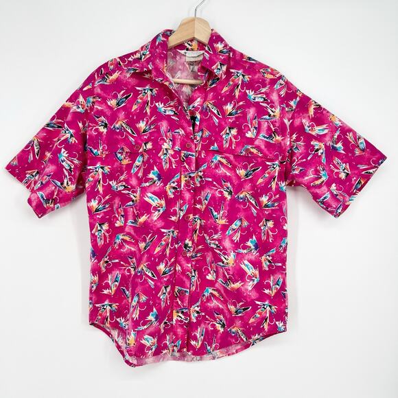 Vintage Columbia Women Fly Fishing Top Small Button Outdoor Pink Novelty Print - Picture 1 of 8